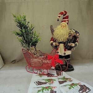 Rustic woodland Santa Claus with sack xmas figure, sleigh with tree and  runner